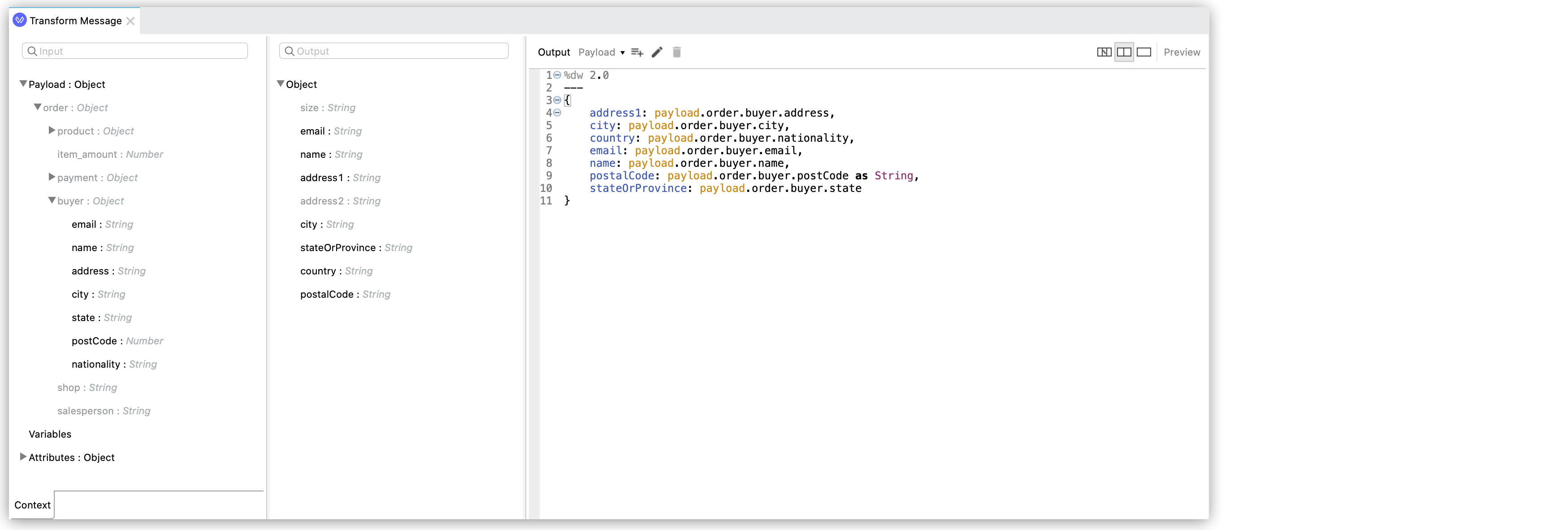 Here is a code snippet demonstrating how to transform a payload object into a new object with specific buyer data