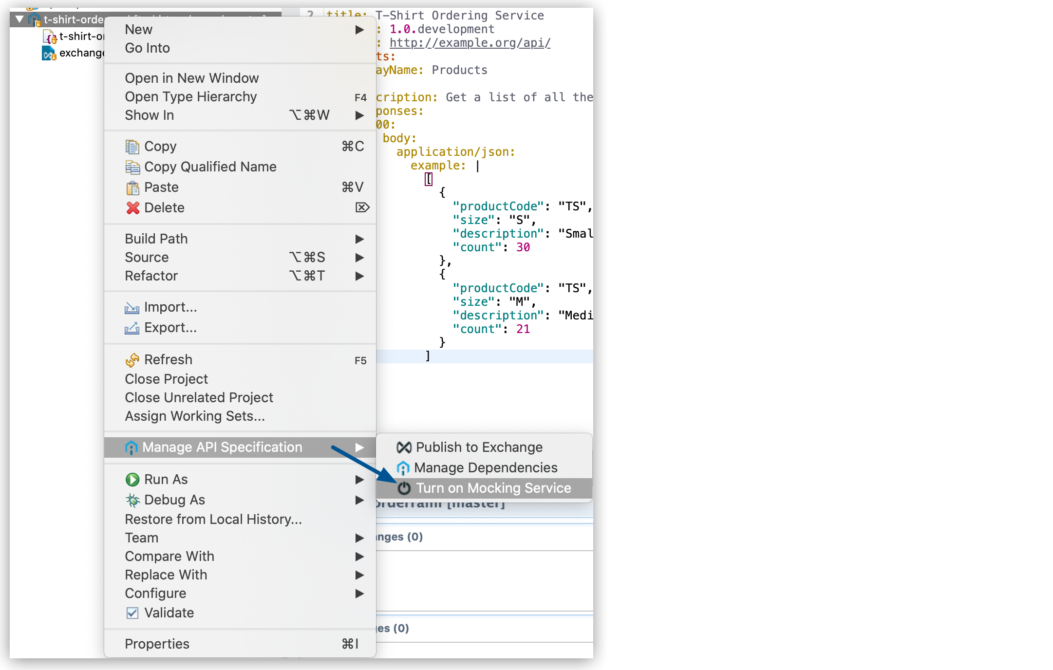 A menu that displays options for managing a T-shirt ordering service API, such as enabling mocking services and publishing to an exchange