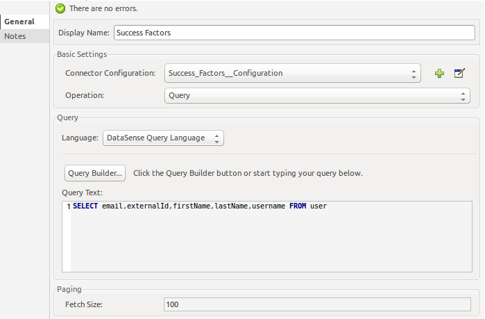 Query operation properties window