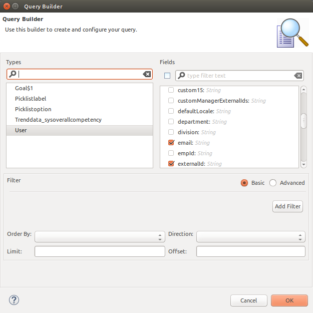 Query builder window for query flow with fields selected