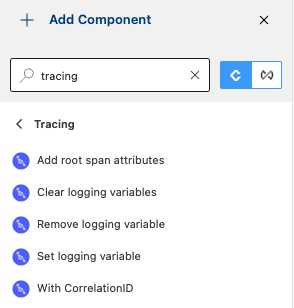 The Add Component panel showing Tracing module operations and scopes in Anypoint Code Builder
