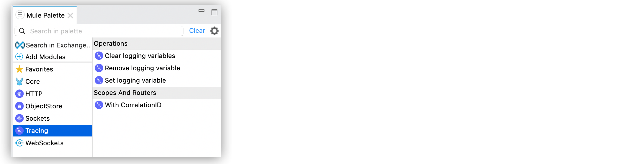 Select any Tracing module operation or scope from the Mule Palette view on the right side of Anypoint Studio