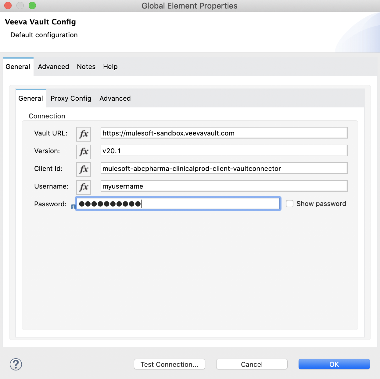 Authentication fields completed in the General tab for Basic authentication