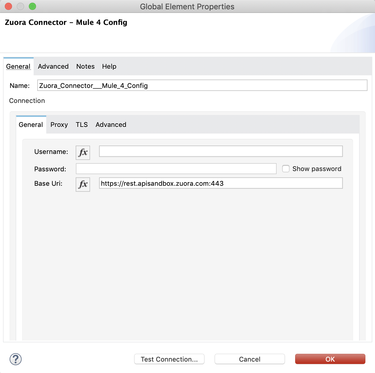 Global element properties window for Basic authentication